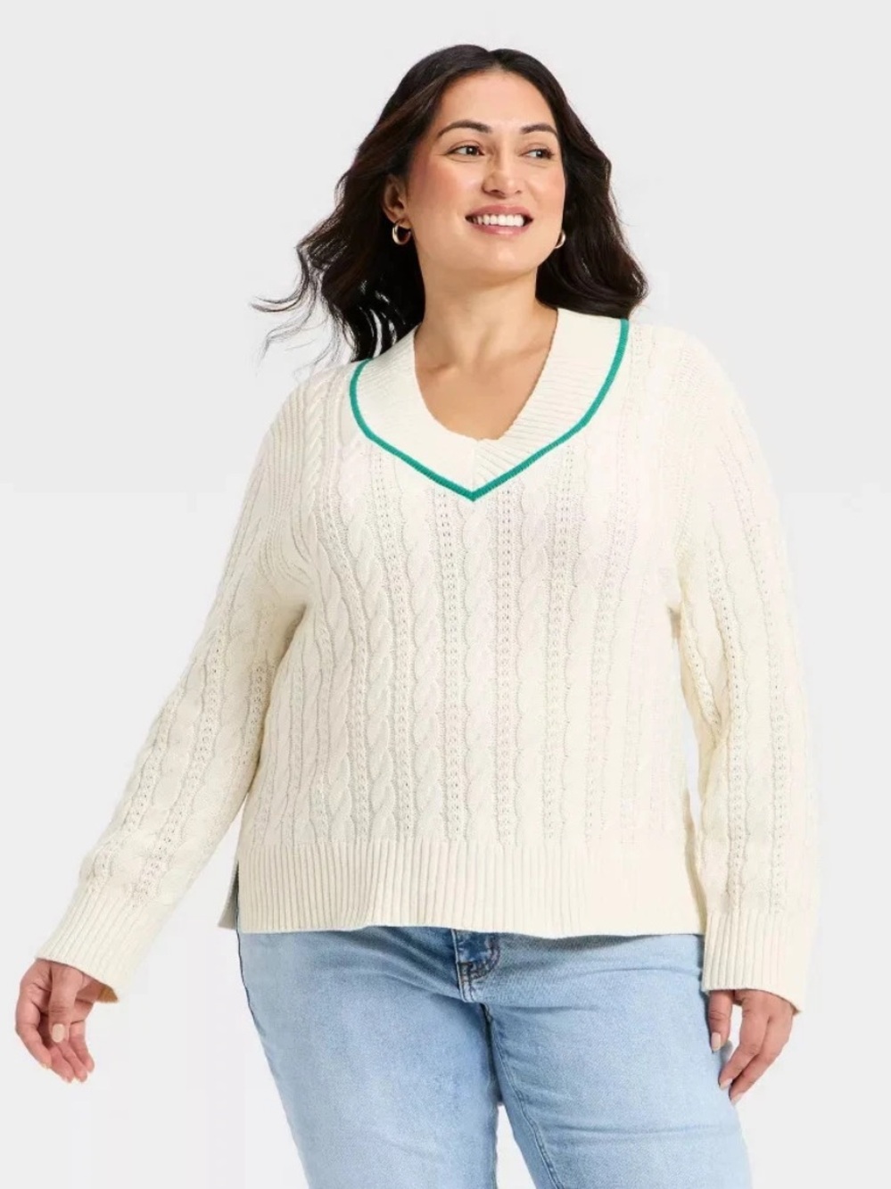 Women's Long Sleeve Cable Knit V-Neck Pullover Sweater Ava & Viv Cream NWT